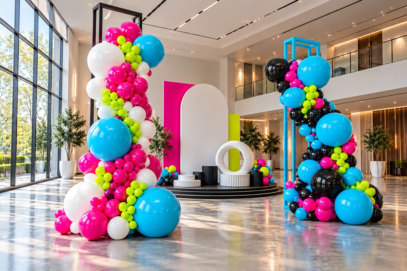 Campus Electric: left three-quarter full view of magenta, cyan, lime, black and white balloon columns with geometric frames and a layered stage backdrop.