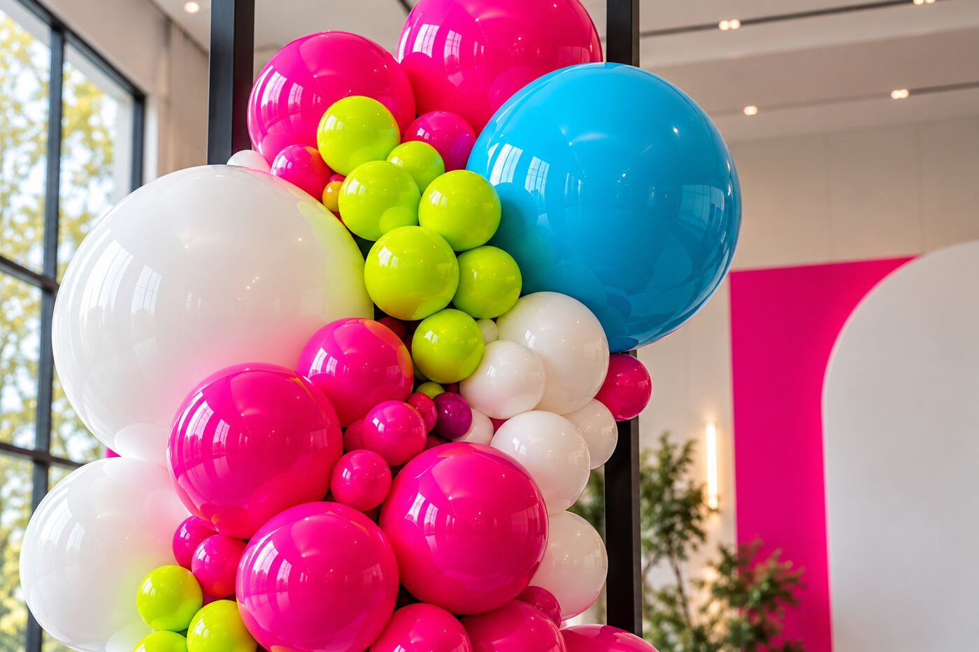 Campus Electric: layered balloon detail of magenta, cyan, lime, black and white balloon columns with geometric frames and a layered stage backdrop.