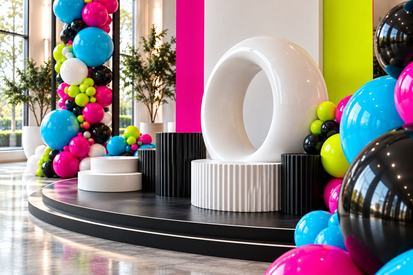 Campus Electric: prop and material detail of magenta, cyan, lime, black and white balloon columns with geometric frames and a layered stage backdrop.