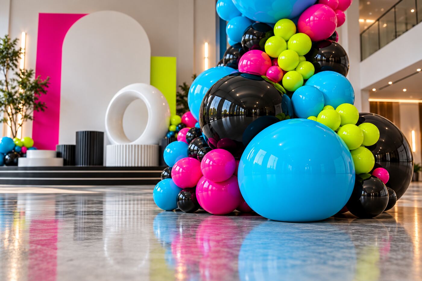 Campus Electric: floor and installation base detail of magenta, cyan, lime, black and white balloon columns with geometric frames and a layered stage backdrop.
