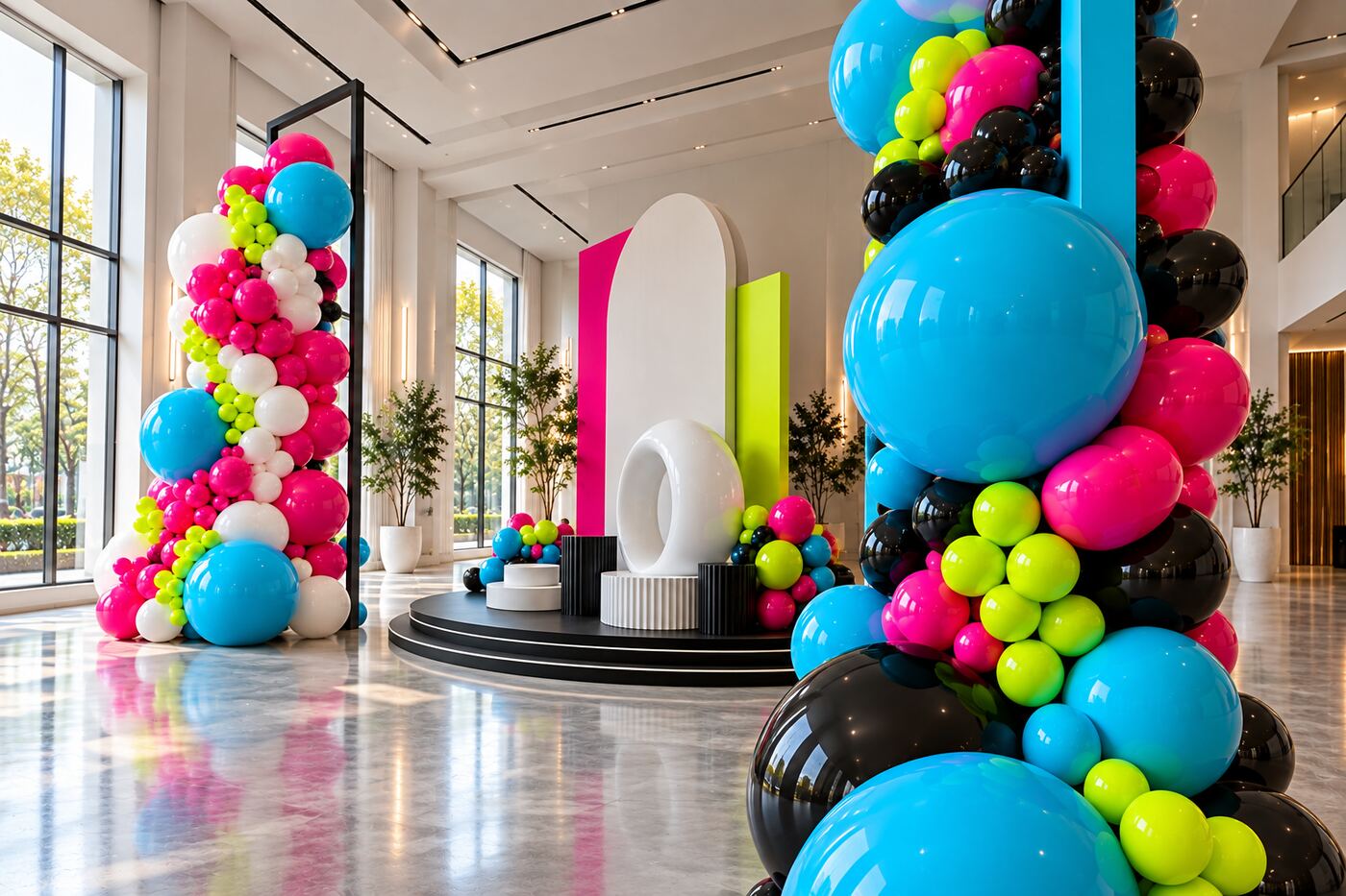 Campus Electric: side depth view of magenta, cyan, lime, black and white balloon columns with geometric frames and a layered stage backdrop.
