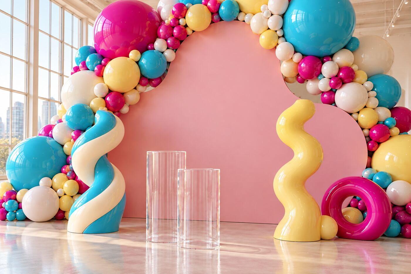 Candy Current original event installation, central backdrop view