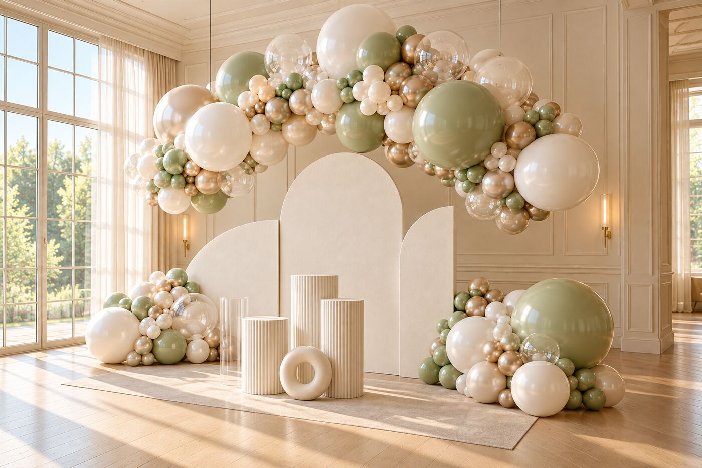 Cloud Nine: right three-quarter full view of a suspended pearl, champagne and sage balloon cloud above three curved ivory panels and sculptural plinths.