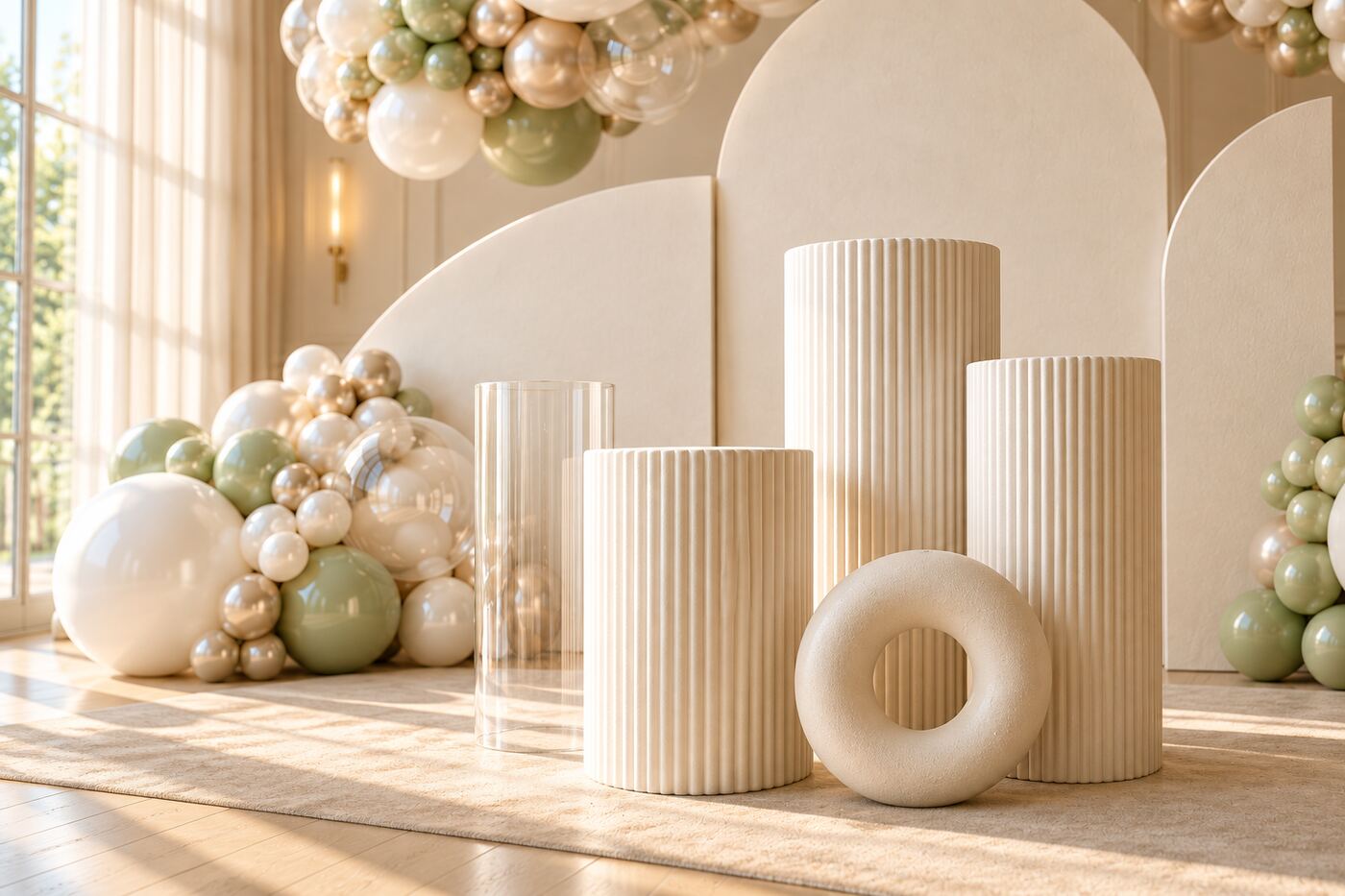 Cloud Nine: prop and material detail of a suspended pearl, champagne and sage balloon cloud above three curved ivory panels and sculptural plinths.