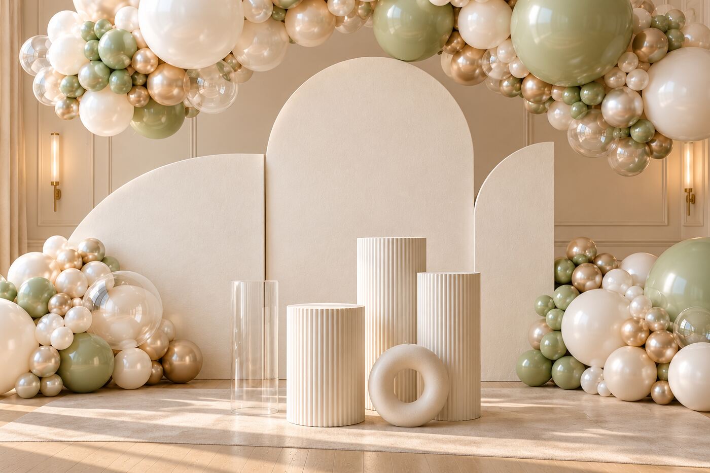 Cloud Nine: center backdrop view of a suspended pearl, champagne and sage balloon cloud above three curved ivory panels and sculptural plinths.