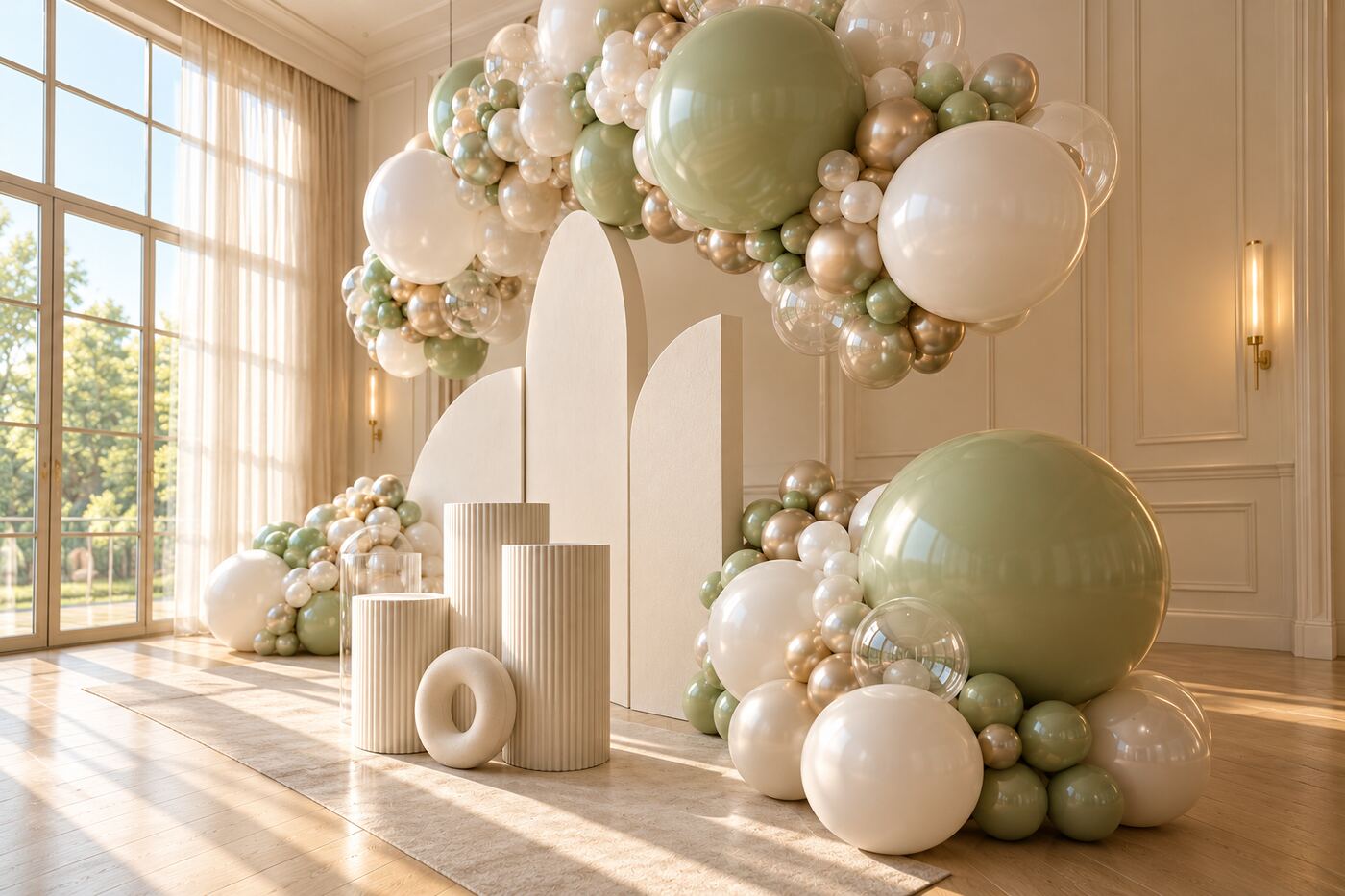 Cloud Nine: side depth view of a suspended pearl, champagne and sage balloon cloud above three curved ivory panels and sculptural plinths.