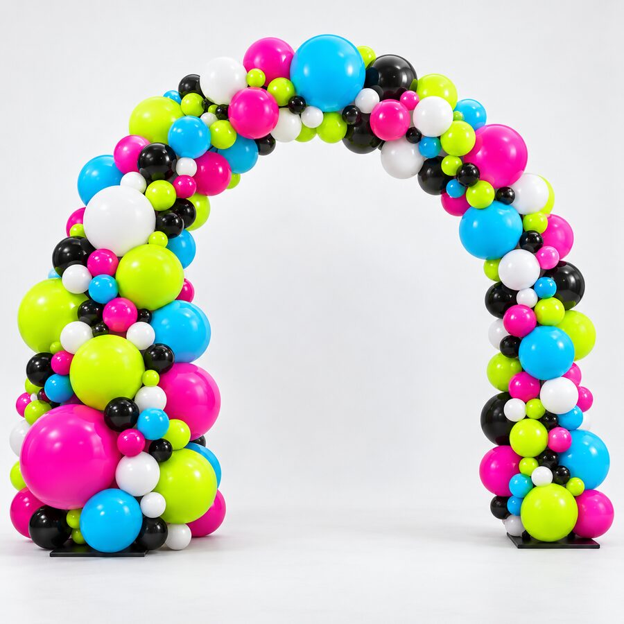 Large statement organic balloon arch with a fuller lower-left cluster and two black bases.