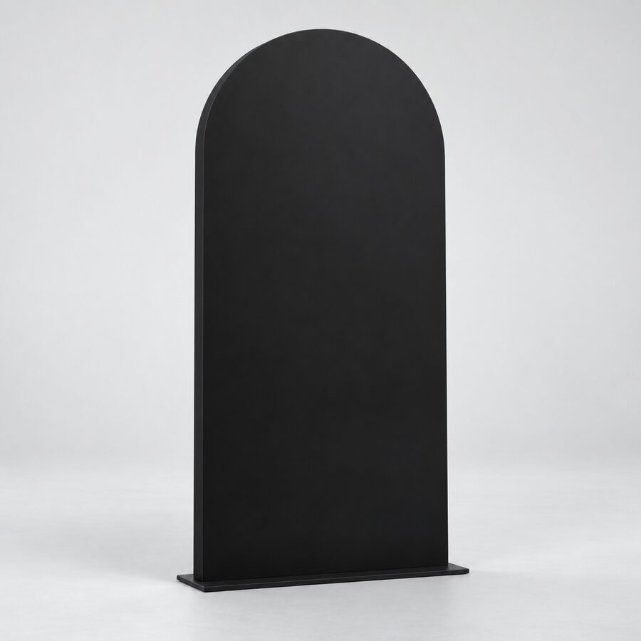 Plain black rounded arch rigid backdrop panel on a stable base