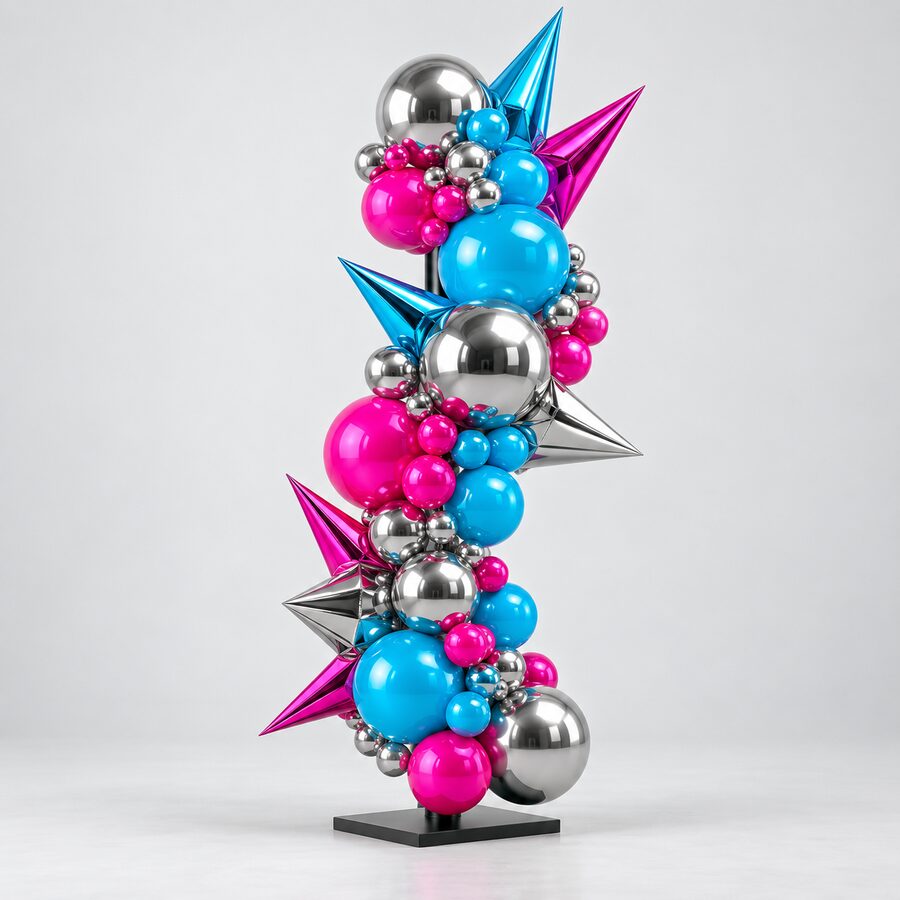 Freestanding geometric balloon sculpture in chrome silver, cyan and magenta on a black base