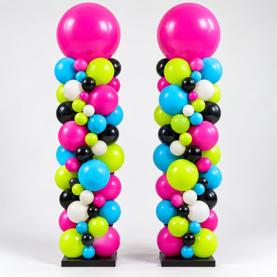 Matching freestanding balloon columns with magenta toppers and black floor bases.