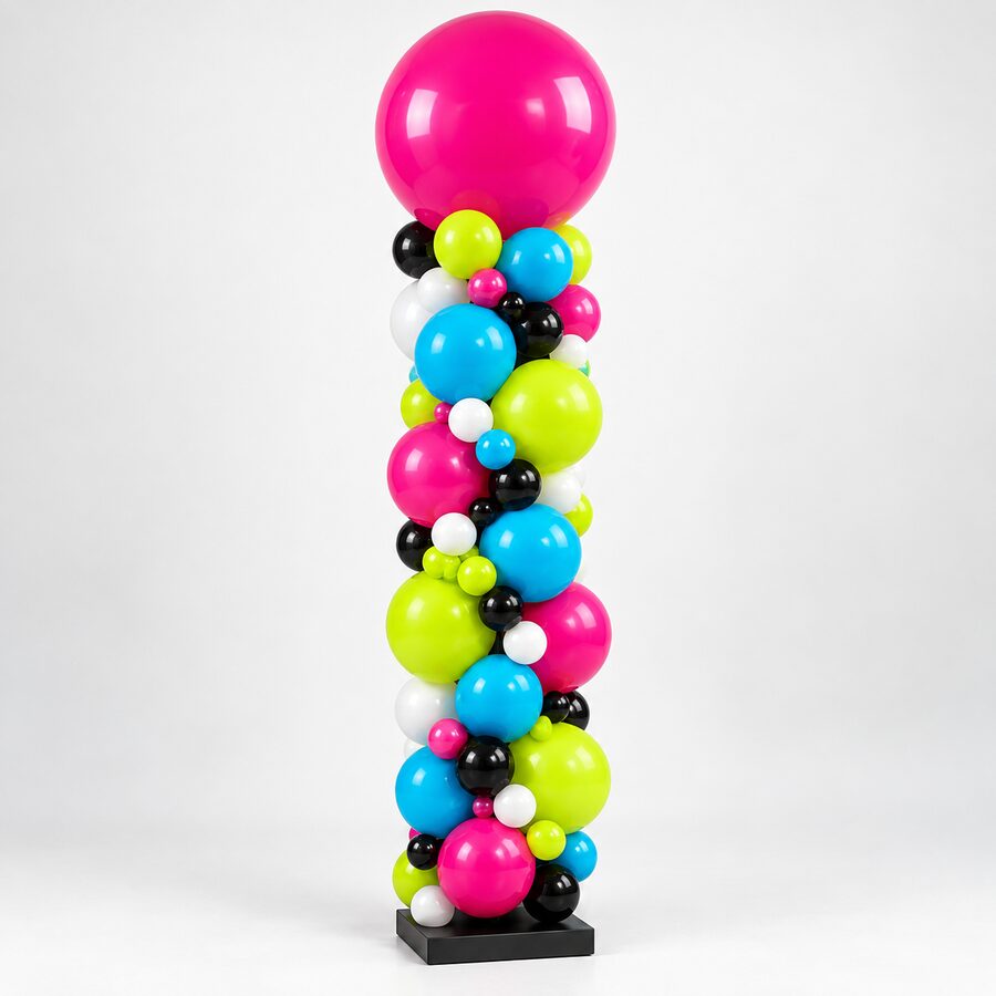Freestanding balloon column with an oversized magenta topper and black floor base.