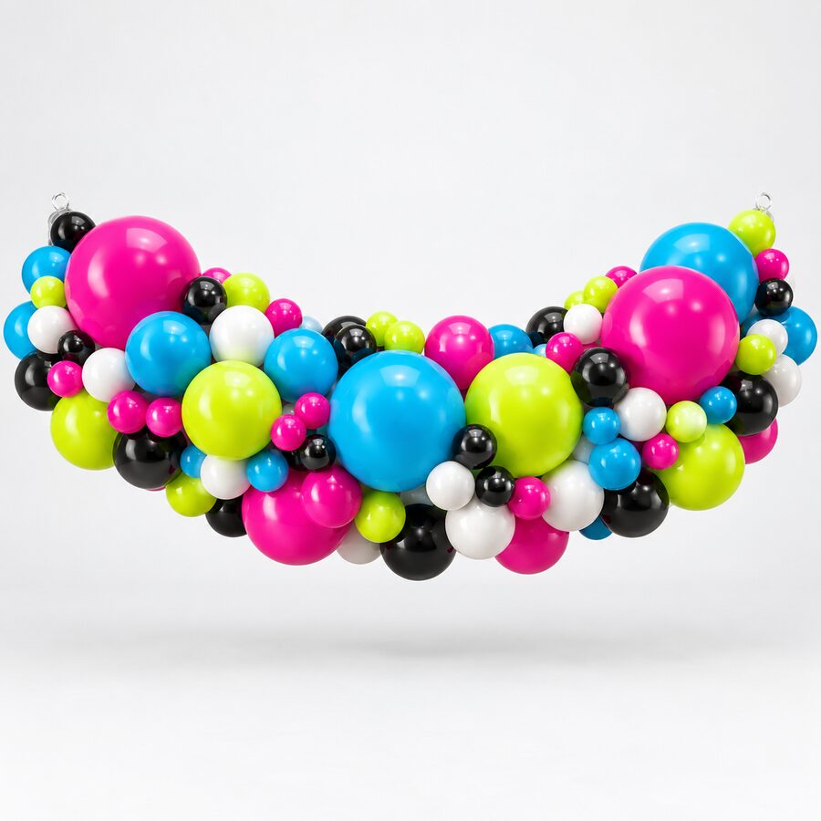 Extra-full organic balloon garland segment with packed mixed-size balloons.