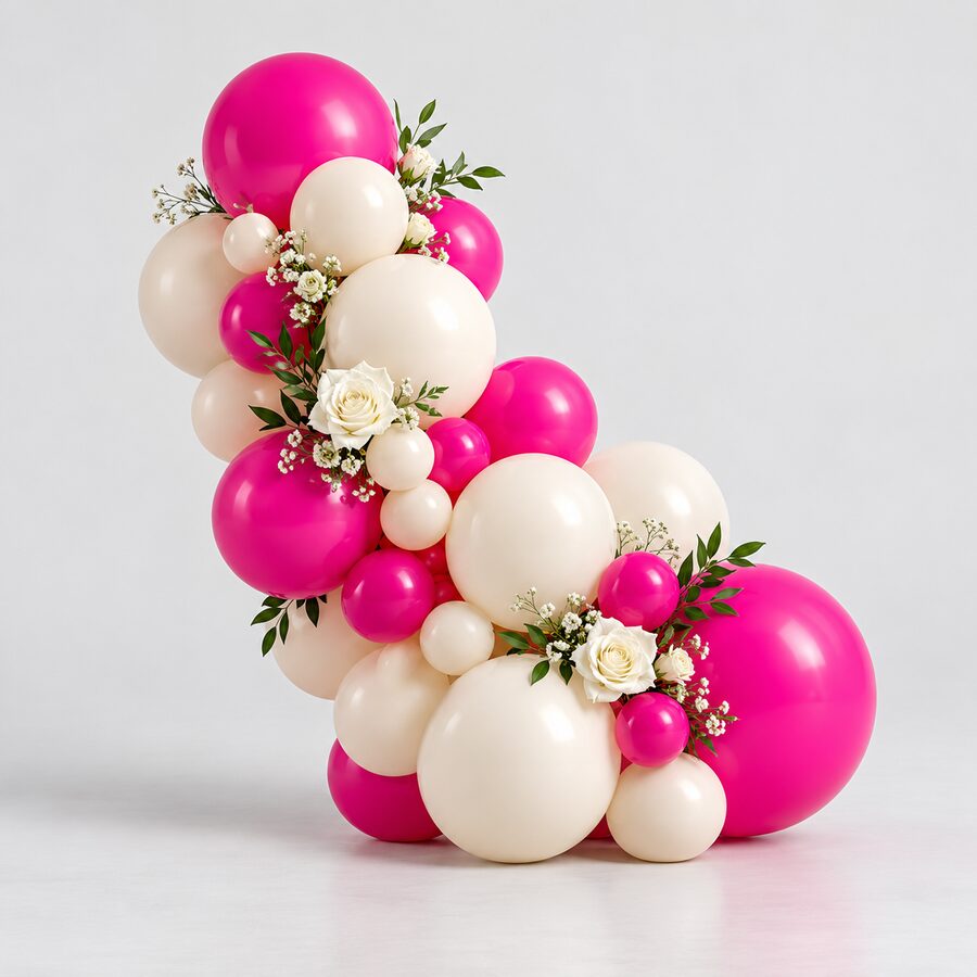 Cream and magenta balloon segment intertwined with white flowers and greenery