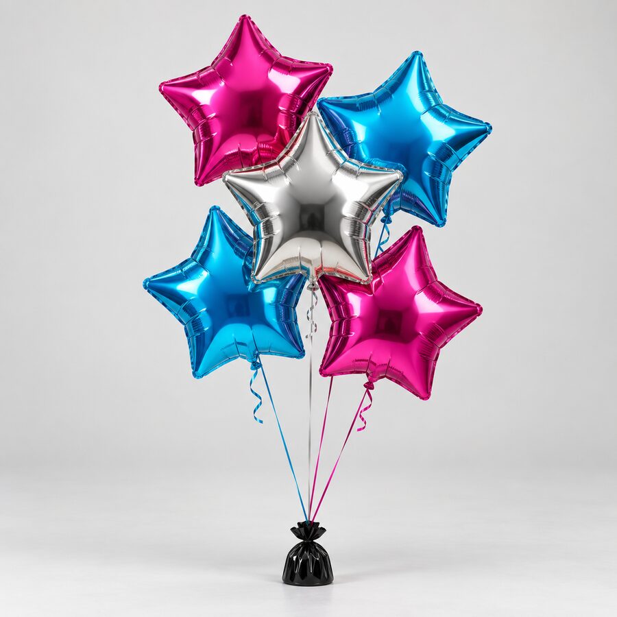 Magenta, cyan and silver foil star balloon cluster at a weighted base