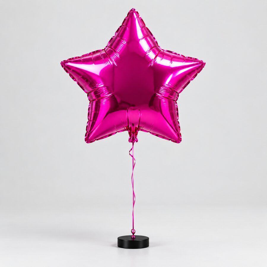 Single magenta foil star balloon tethered to a subtle weighted base