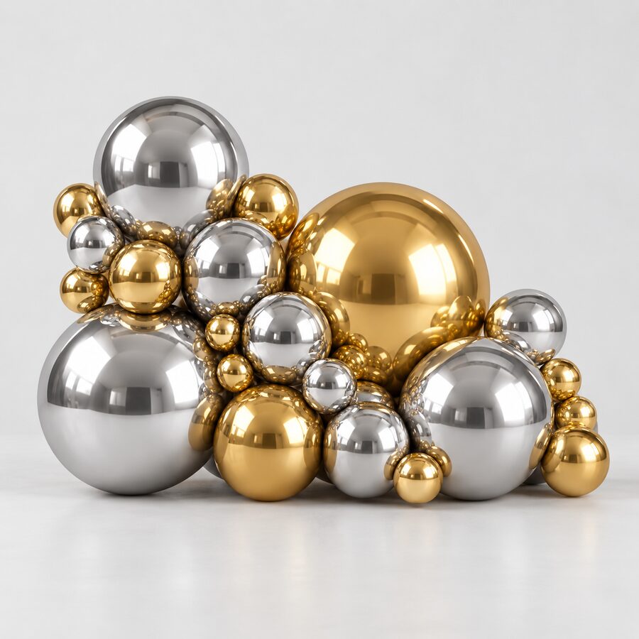 Organic cluster of reflective metallic silver and gold balloons