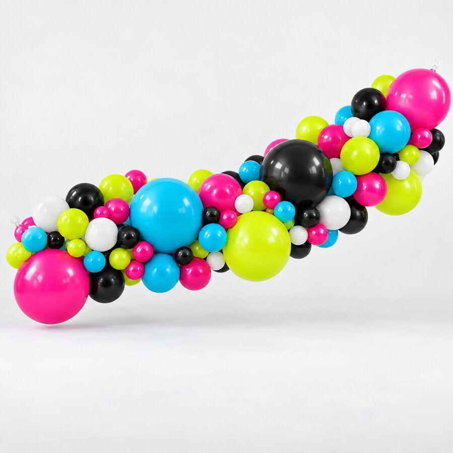 Long sweeping statement balloon garland in magenta, cyan, acid lime, black, and white.