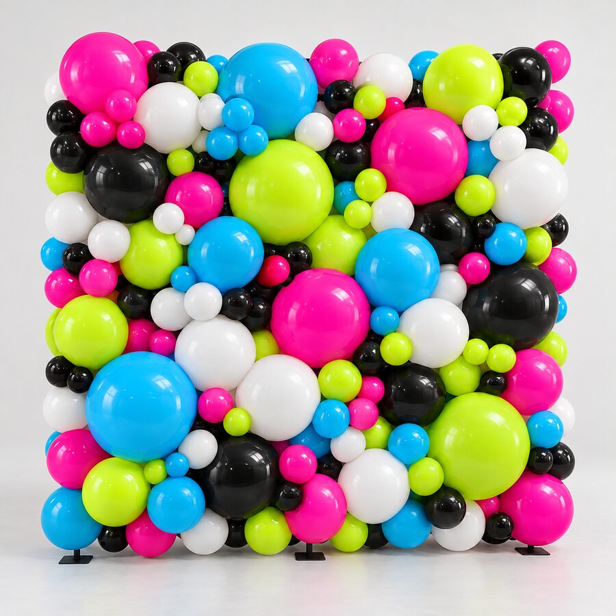 Large dense statement balloon wall with black support feet in the NOX palette.