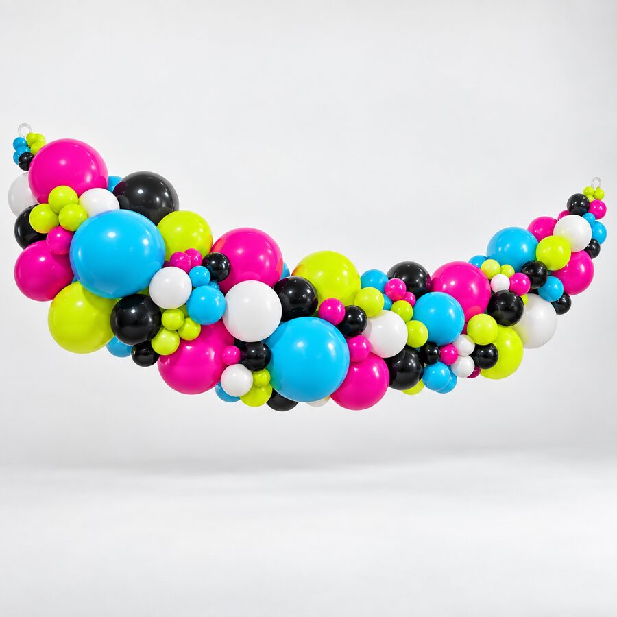 Extra-long full organic balloon garland in the NOX palette.